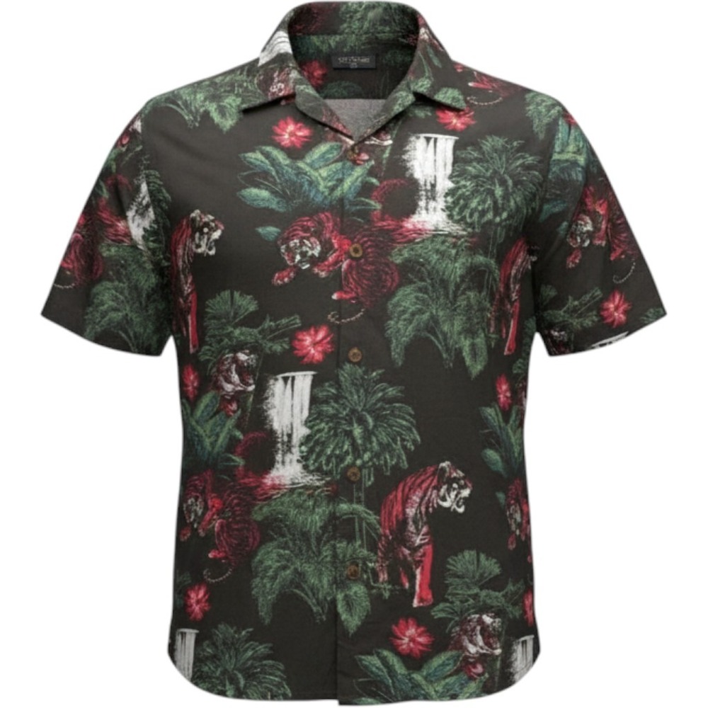 Neff Men's XL Tropical Tiger Waterfall Print Cotton Short Sleeve Button Up Shirt